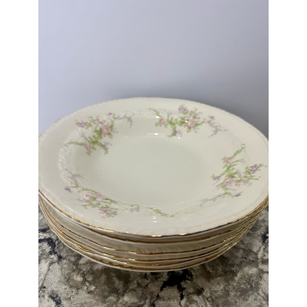6 Crown Potteries 1047  VTG 8"  Gold Rimmed Soup Bowls Pink & Lavender Flowers